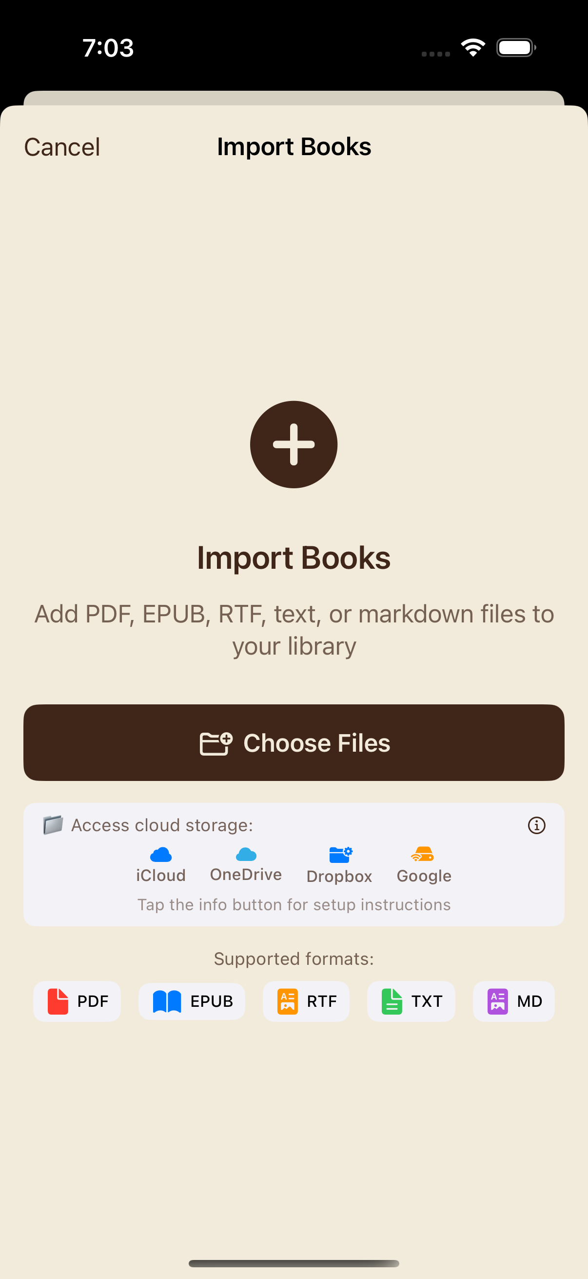 Import books feature - easily add PDF and EPUB files to your library